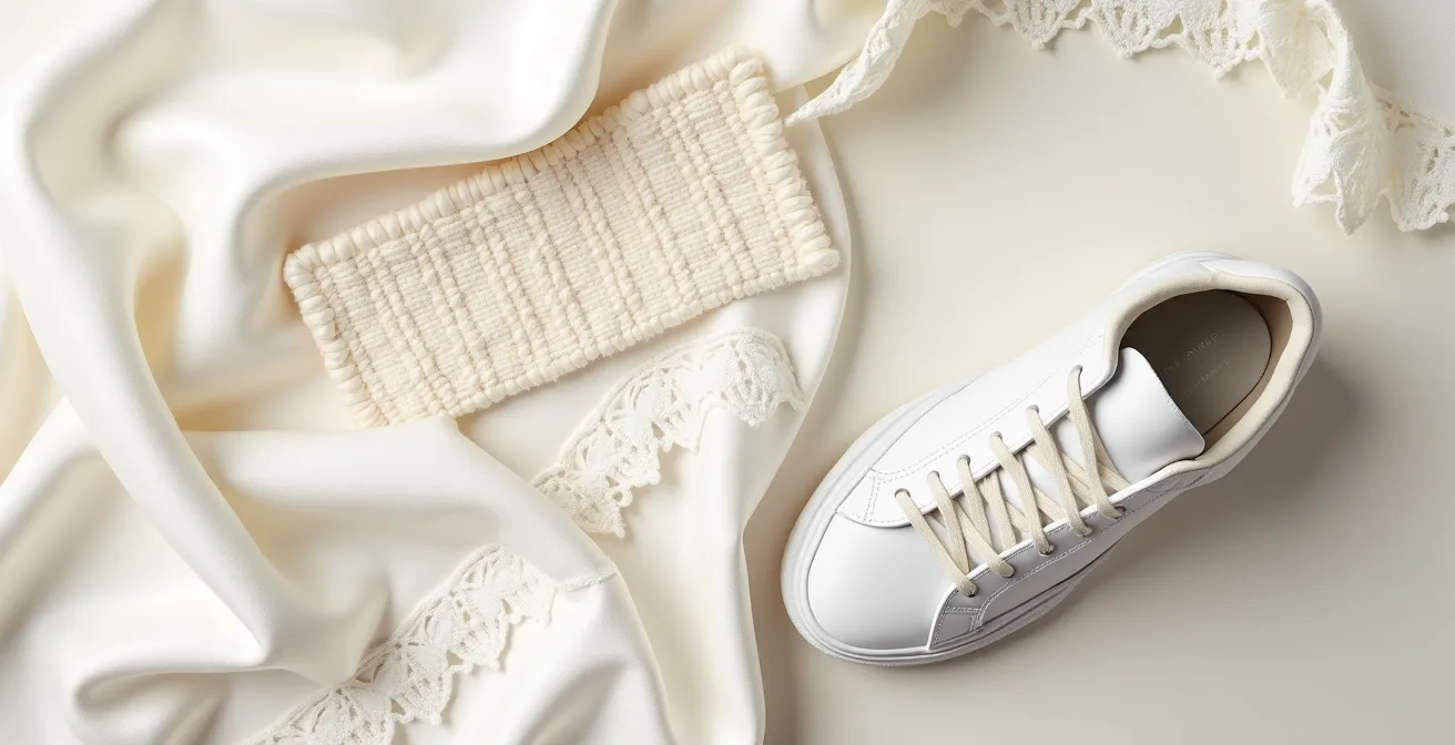 Vue rapprochée montrant des textures en harmonie : détail d'une robe blanche en satin, d'une dentelle, et d'une basket blanche avec surpiqûres délicates
