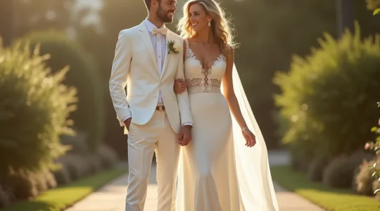 Un couple en tenue de mariage sophistiquée avec des baskets assorties, symbole de modernité et de liberté de mouvement