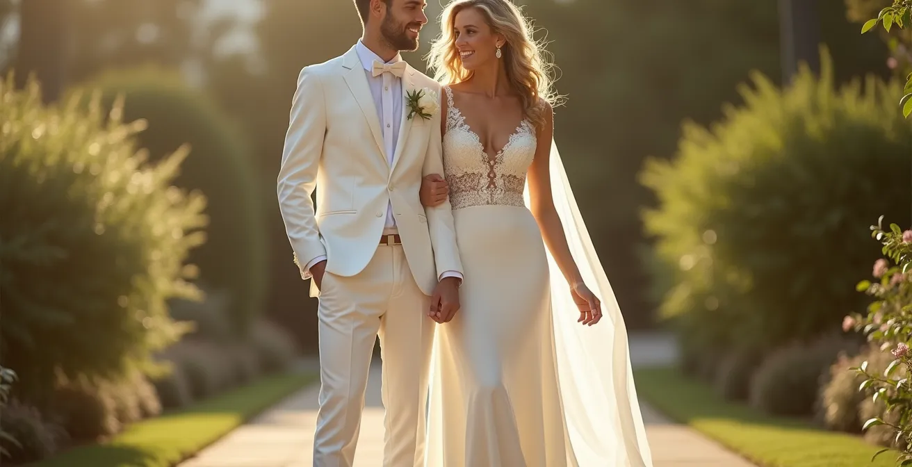 Un couple en tenue de mariage sophistiquée avec des baskets assorties, symbole de modernité et de liberté de mouvement